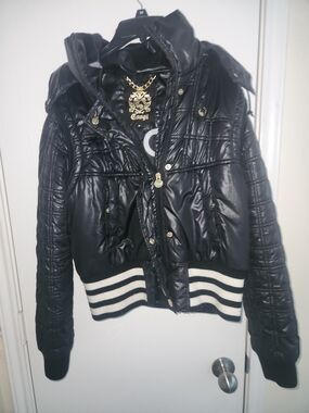 Coogi Black Quilted Hooded Jacket with Striped Rib Hem